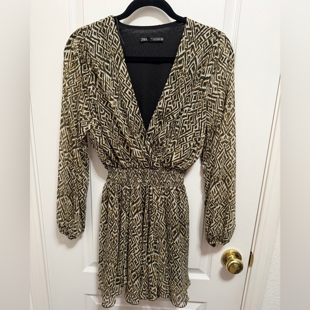 Zara Olive and Cream Geometric Long Sleeve Wrap Dress